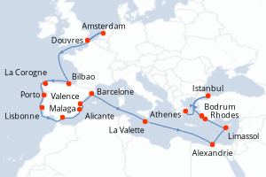 carte itinéraire croisière Méditerranée 28 jours au départ du port de Douvres