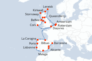carte itinéraire croisière Méditerranée 28 jours au départ du port de Douvres