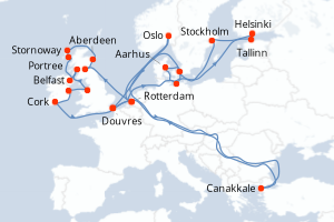 carte itinéraire croisière Europe du Nord 28 jours au départ du port de Douvres