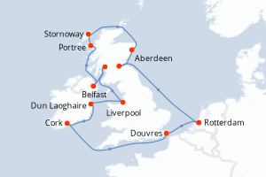 Carte de l'itinéraire de croisière Rotterdam-Rotterdam d'une durée de 14 jours