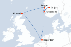 Carte de l'itinéraire de croisière Rotterdam-Rotterdam d'une durée de 7 jours