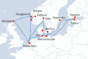 carte itinéraire croisière Fjörds norvégiens 21 jours au départ du port de Rotterdam