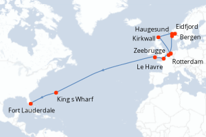 Carte de l'itinéraire de croisière Rotterdam-Fort Lauderdale d'une durée de 22 jours