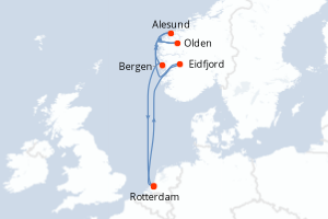 carte itinéraire croisière Fjörds norvégiens 7 jours au départ du port de Rotterdam