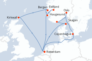 Carte de l'itinéraire de croisière Rotterdam-Rotterdam d'une durée de 14 jours