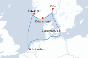 carte itinéraire croisière Fjörds norvégiens 7 jours au départ du port de Rotterdam