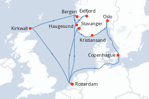 carte itinéraire croisière Fjörds norvégiens 14 jours au départ du port de Rotterdam