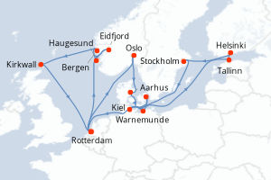carte itinéraire croisière Fjörds norvégiens 21 jours au départ du port de Rotterdam