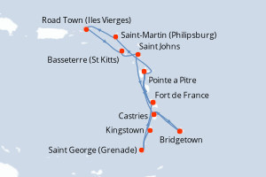 Carte de l'itinéraire de croisière Bridgetown-Bridgetown d'une durée de 14 jours