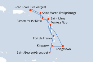 Carte itinéraire croisière Barbade, Saint Vincent-et-les-Grenadines, Grenade, France, Royaume-Uni, Pays-Bas, Antigua-et-Barbuda - 14 jours au départ de Bridgetown - Caraïbes Bahamas