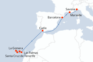 Carte de l'itinéraire de croisière Savone-Santa Cruz de Tenerife d'une durée de 9 jours