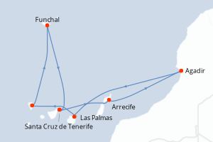 Carte de l'itinéraire de croisière Santa Cruz de Tenerife-Santa Cruz de Tenerife d'une durée de 7 jours