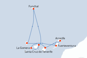 Carte de l'itinéraire de croisière Santa Cruz de Tenerife-Santa Cruz de Tenerife d'une durée de 7 jours