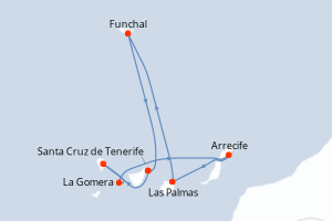 Carte de l'itinéraire de croisière Santa Cruz de Tenerife-Santa Cruz de Tenerife d'une durée de 7 jours