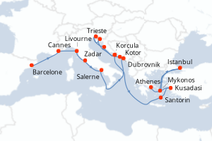 carte itinéraire croisière Méditerranée 21 jours au départ du port de Barcelone