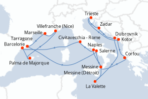 carte itinéraire croisière Sicile 21 jours au départ du port de Barcelone