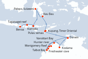 Carte de l'itinéraire de croisière Benoa-Darwin d'une durée de 16 jours