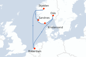 Carte de l'itinéraire de croisière Rotterdam-Rotterdam d'une durée de 7 jours