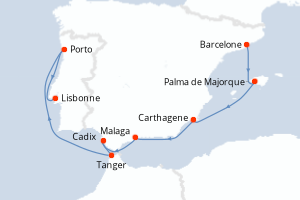 carte itinéraire croisière Atlantique 8 jours au départ du port de Barcelone