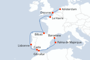 carte itinéraire croisière Méditerranée 12 jours au départ du port de Amsterdam