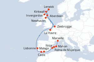 carte itinéraire croisière Europe du Nord 20 jours au départ du port de Le Havre