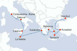 carte itinéraire croisière Sicile 9 jours au départ du port de Istanbul