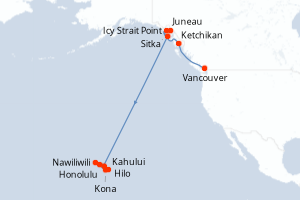 Carte de l'itinéraire de croisière Vancouver-Honolulu d'une durée de 16 jours