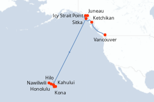 Carte de l'itinéraire de croisière Vancouver-Honolulu d'une durée de 16 jours