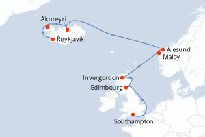 carte itinéraire croisière Fjörds norvégiens 11 jours au départ du port de Southampton