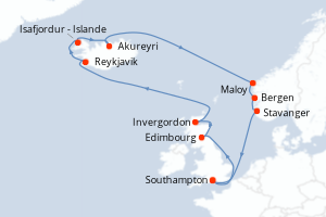 carte itinéraire croisière Fjörds norvégiens 14 jours au départ du port de Southampton
