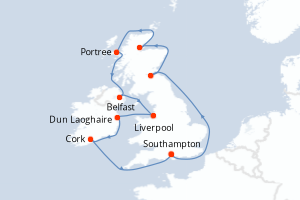 Carte de l'itinéraire de croisière Southampton-Southampton d'une durée de 10 jours