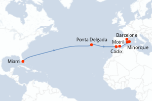 carte itinéraire croisière Transatlantique 15 jours au départ du port de Miami