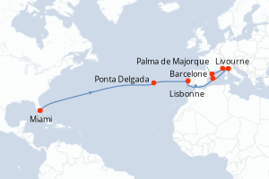 carte itinéraire croisière Transatlantique 15 jours au départ du port de Miami