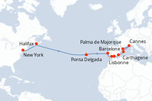 carte itinéraire croisière Transatlantique 15 jours au départ du port de New York