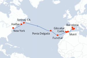 carte itinéraire croisière Transatlantique 16 jours au départ du port de New York