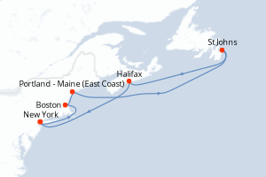 Carte de l'itinéraire de croisière New York-New York d'une durée de 7 jours