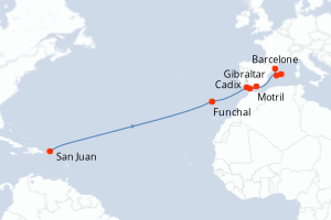 carte itinéraire croisière Transatlantique 14 jours au départ du port de San Juan