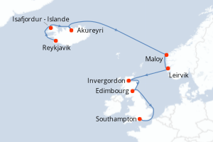 carte itinéraire croisière Europe du Nord 10 jours au départ du port de Reykjavik