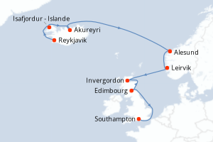 carte itinéraire croisière Fjörds norvégiens 10 jours au départ du port de Reykjavik