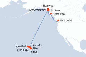 Carte de l'itinéraire de croisière Honolulu-Vancouver d'une durée de 16 jours