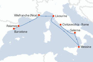 Carte de l'itinéraire de croisière Barcelone-Civitavecchia - Rome d'une durée de 7 jours