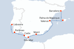 carte itinéraire croisière Atlantique 7 jours au départ du port de Barcelone