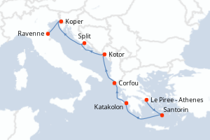 Carte de l'itinéraire de croisière Le Piree - Athenes-Ravenne d'une durée de 7 jours