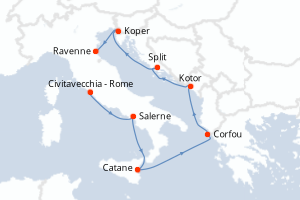 carte itinéraire croisière Sicile 7 jours au départ du port de Civitavecchia - Rome