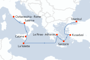 carte itinéraire croisière Sicile 9 jours au départ du port de Civitavecchia - Rome