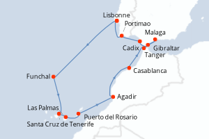 carte itinéraire croisière Atlantique 13 jours au départ du port de Lisbonne