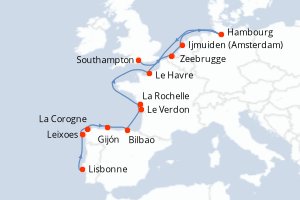 carte itinéraire croisière Europe du Nord 14 jours au départ du port de Lisbonne
