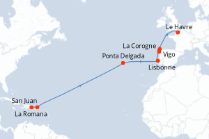 carte itinéraire croisière Transatlantique 13 jours au départ du port de La Romana
