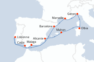 Carte de l'itinéraire de croisière Malaga-Malaga d'une durée de 11 jours