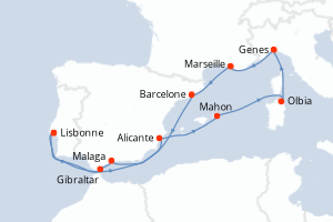 carte itinéraire croisière Atlantique 12 jours au départ du port de Lisbonne